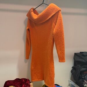 Retro Vibrant Orange Cowl Neck Sweater Dress